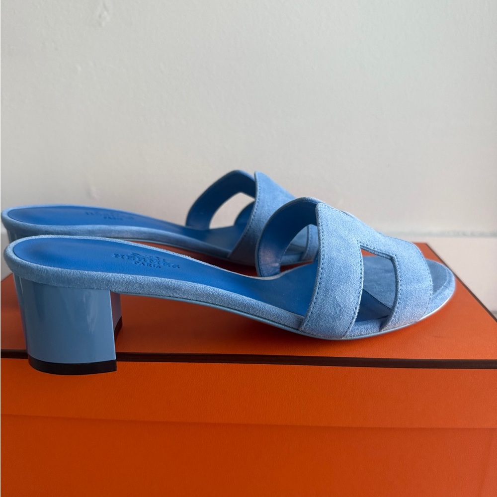 Hermes Bleu Cameo Oasis Sandals Velvet Goat size 37 - Picture 1 of 12